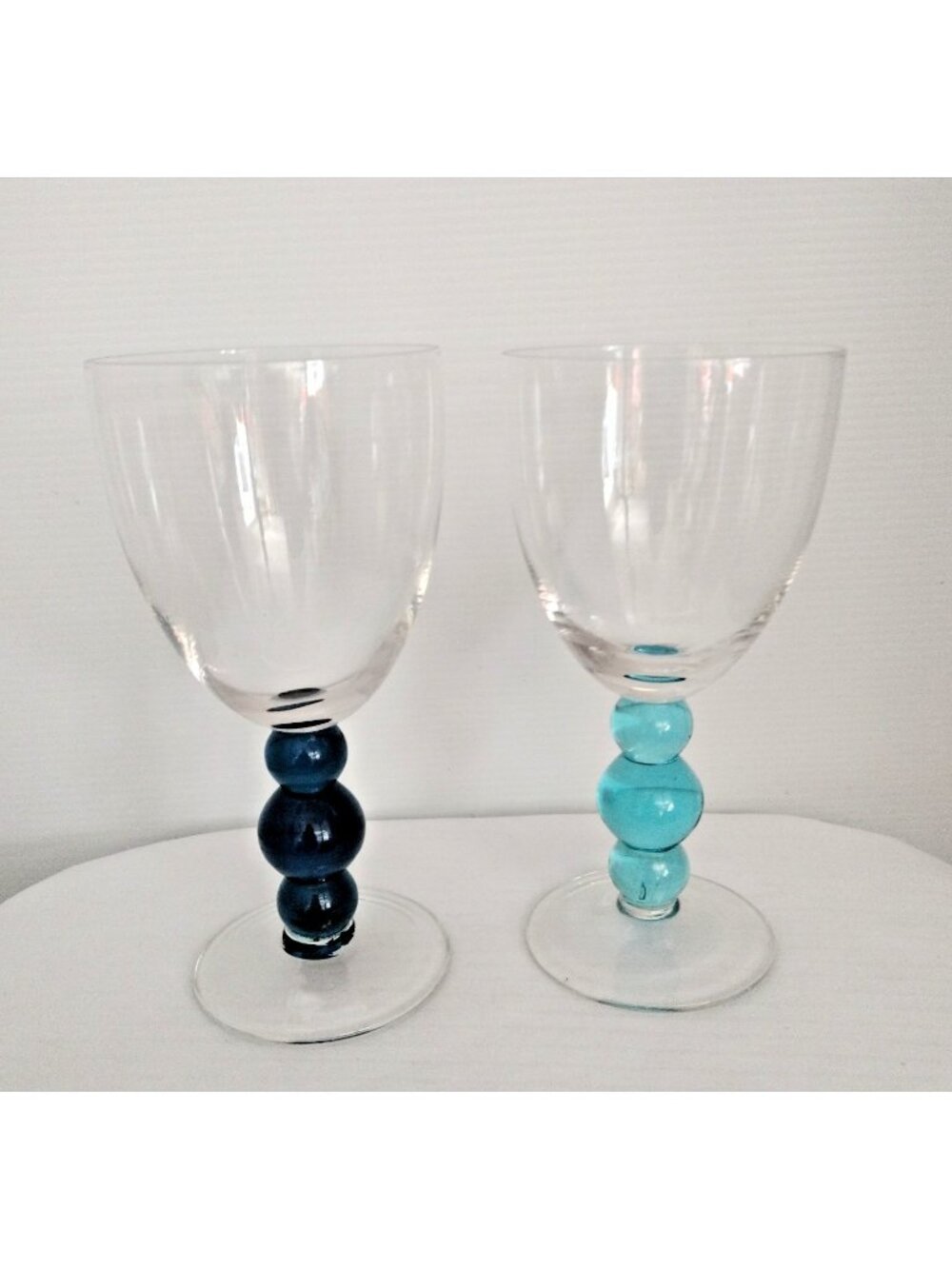 Set of 2 Clear Cocktail Glasses with 3 Stacked Nobb Stem New Blue & Teal Blue 7"